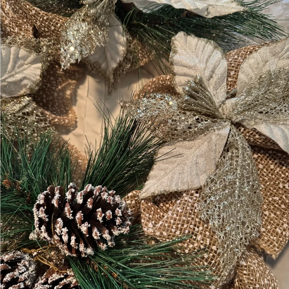 Elegant Holiday Wreath with Pinecones and Glitter Leaves and Burlap - Picture 2 of 3